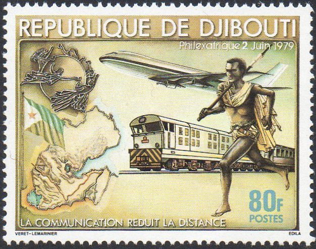 timbres-poste Djibouti 1980 Philexafrique stamps; diesel train and postal runner