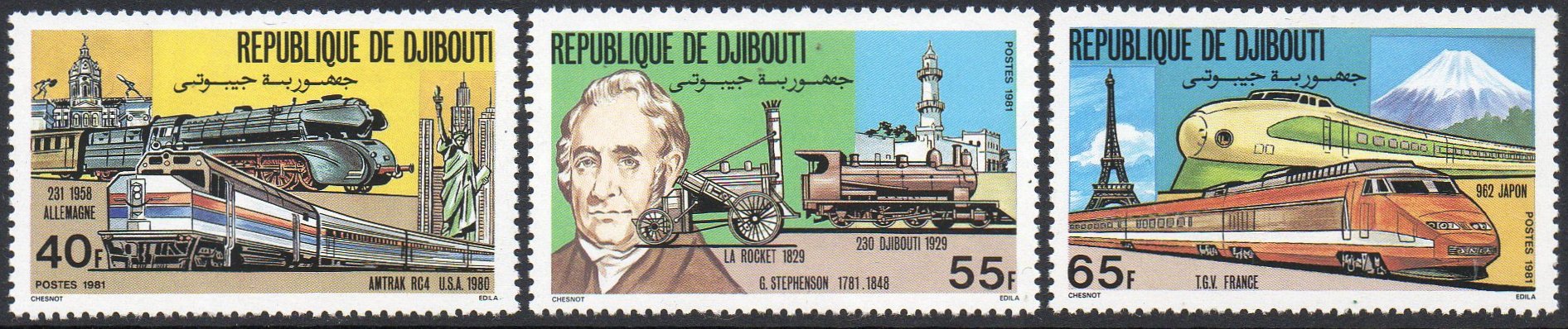 Briefmarken George Stephenson 1981 trains Eisenbahn Djibouti 1981
