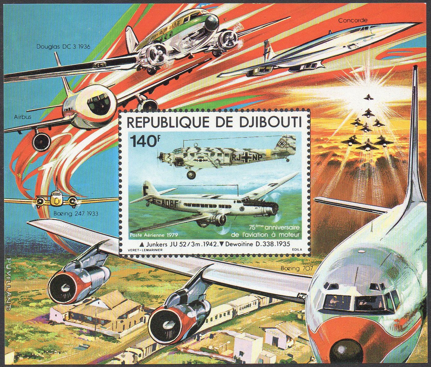 timbres-poste Djibouti 1979 75th Anniversary Manned Flight stamp, showing railway carriages