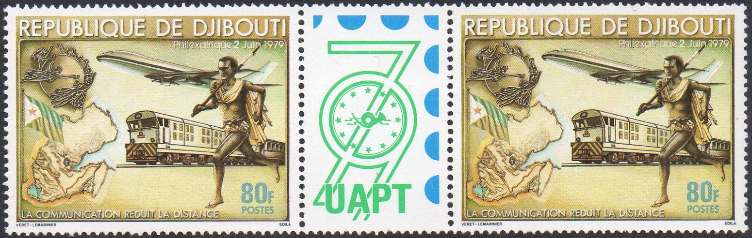 timbres-poste Djibouti 1980 Philexafrique stamps; steam train and postal runner