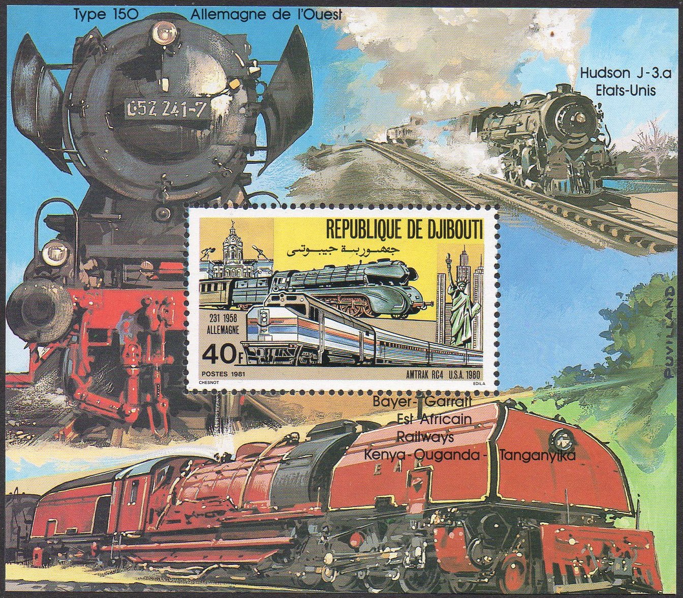 Briefmarken George Stephenson 1981 trains Eisenbahn Djibouti 1981 Epreuve de Luxe Luxusblatt