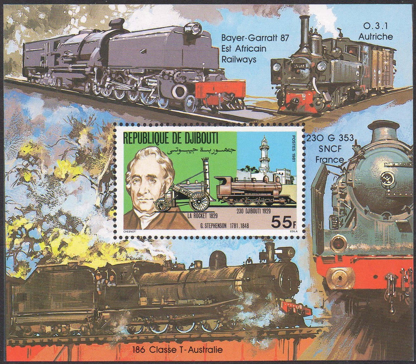Briefmarken George Stephenson 1981 trains Eisenbahn Djibouti 1981 Epreuve de Luxe Luxusblatt