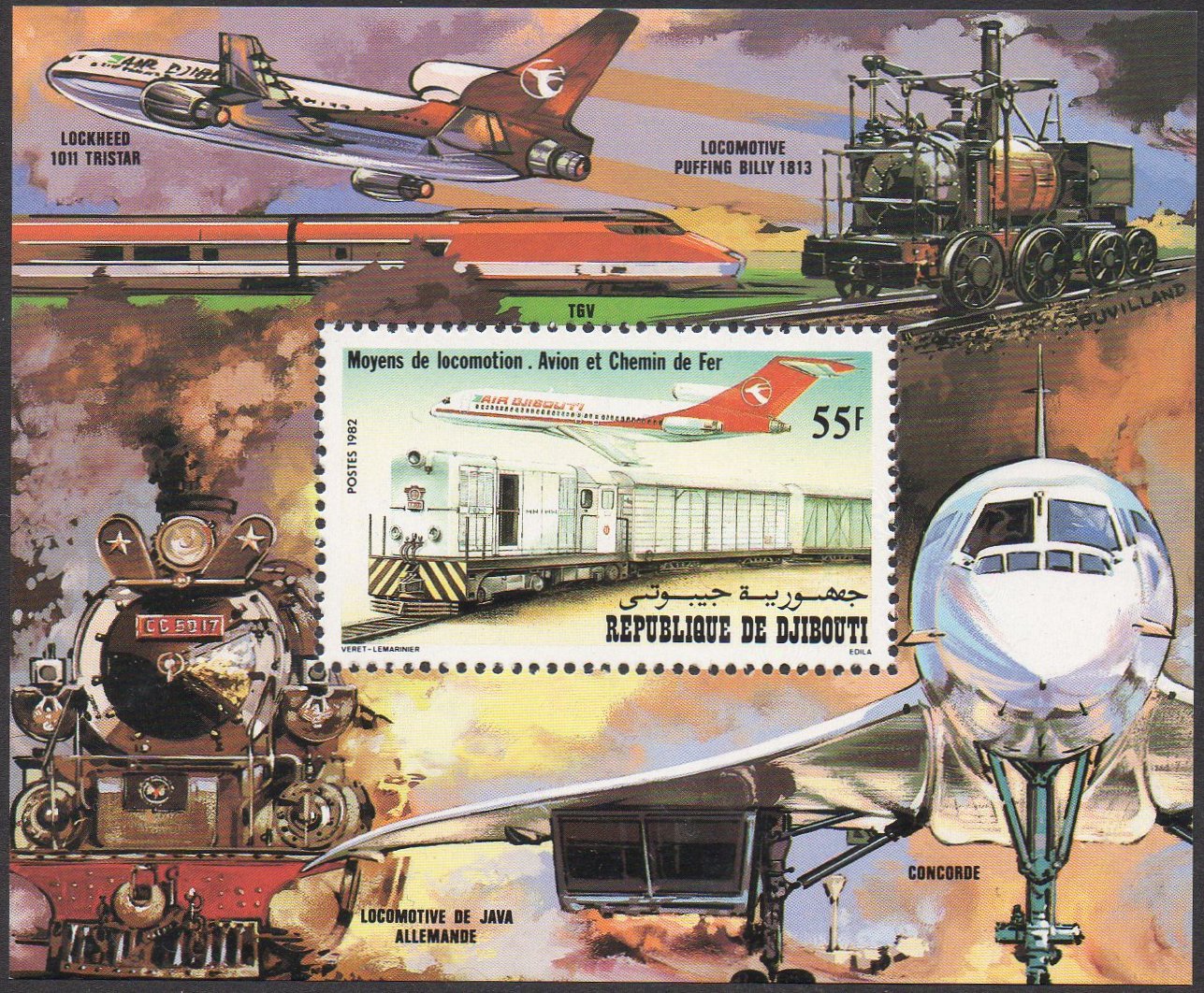 timbres-poste Djibouti 1982 Transport : Aircraft Diesel Train