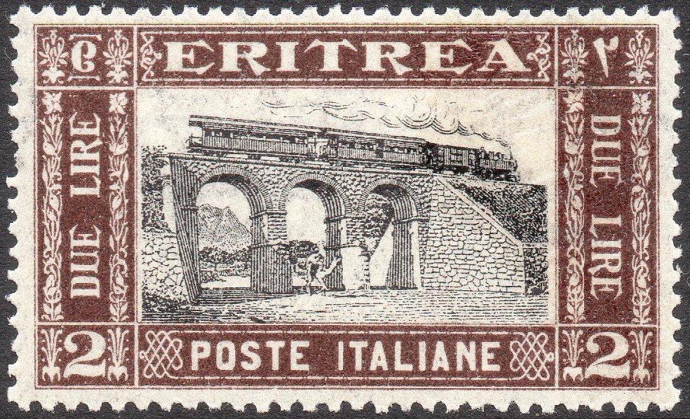 Train Stamps : Francobolli Eritrea 1930 : Steam Train on Bridge at Keren, Eritrean Railway
