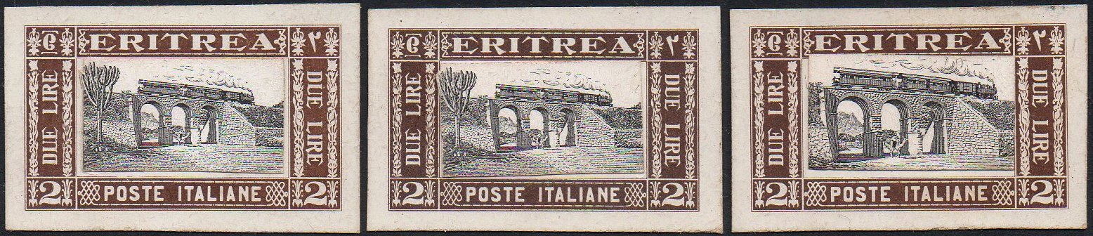 Train Stamps : Francobolli Eritrea 1930 : Imperforate Mock-Ups 2 Lire Train on Bridge