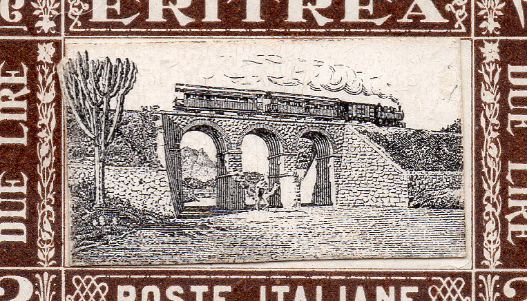 Train Stamps : Francobolli Eritrea 1930 : Imperforate Mock-Ups 2 Lire Train on Bridge