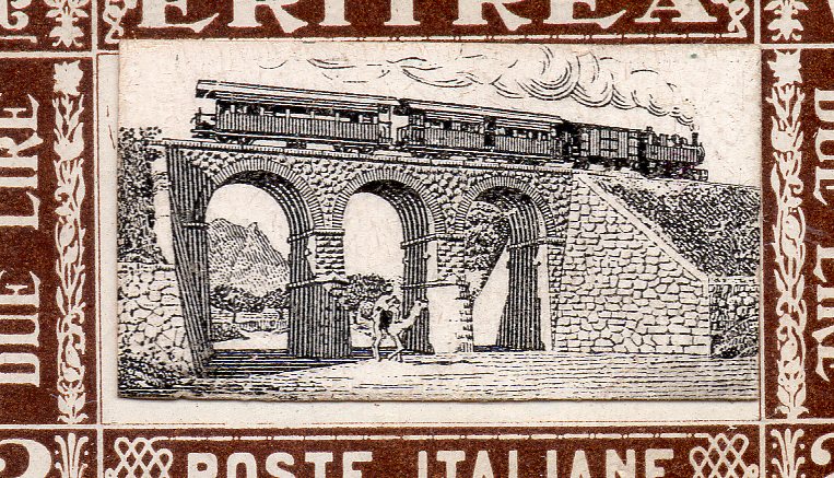 Train Stamps : Francobolli Eritrea 1930 : Imperforate Mock-Ups 2 Lire Train on Bridge