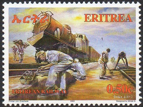 Train Stamps : Francobolli Eritrea 2004 locomotives : Sheet Marginal Inscriptions