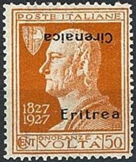 Train Stamps : Eritrea 1927 : Alessandro Volta : 50c overprinted Cyrenaica inverted & Eritrea upright