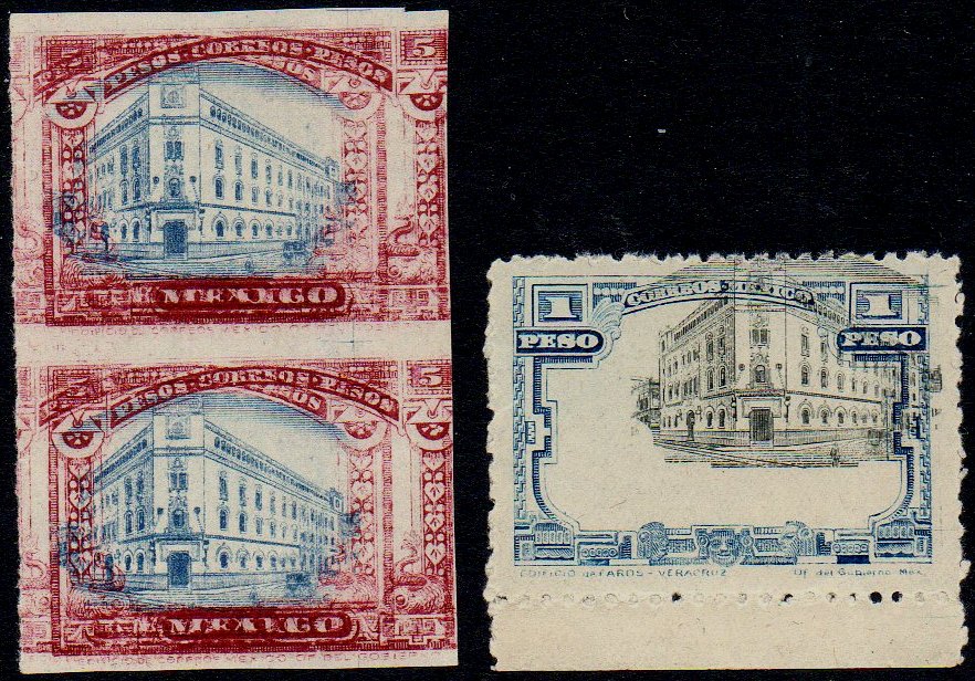 Mexico Stamps 1917 Centre Transposed error,  centre of 5 Pesos Post Office & Tram Tracks in the frame of the 1 Peso Veracruz Lighthouse