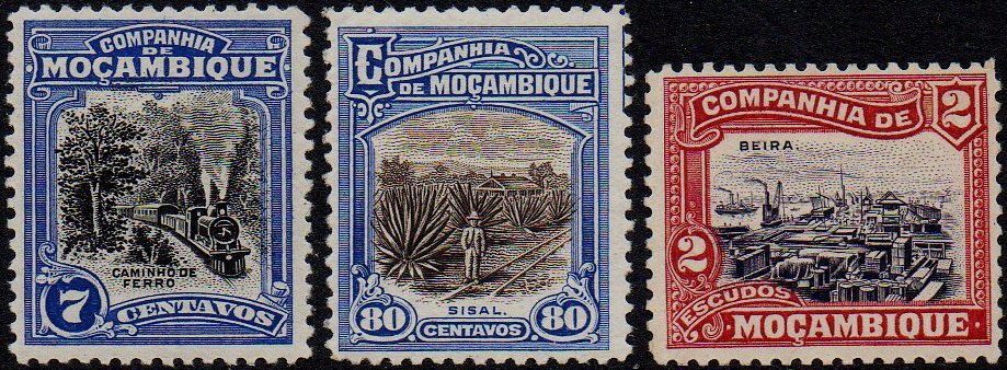 Stamps Mozambique Company Companhia de Mocambique 1923 1924 Perf 12½ Sisal Caminho de Ferro Railway Steam Locomotive