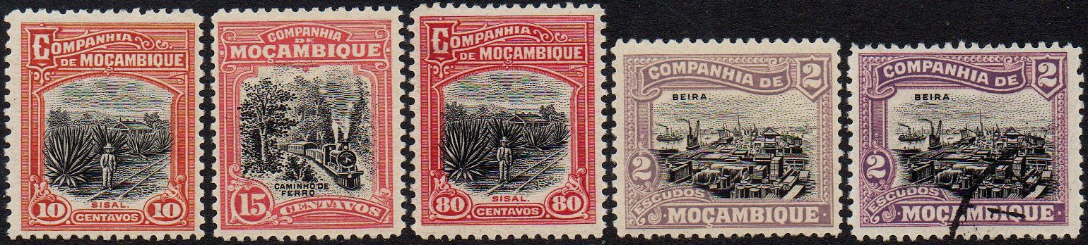 Stamps Mozambique Company Companhia de Mocambique 1923 1924 Perf 12½ Sisal Caminho de Ferro Railway Steam Locomotive