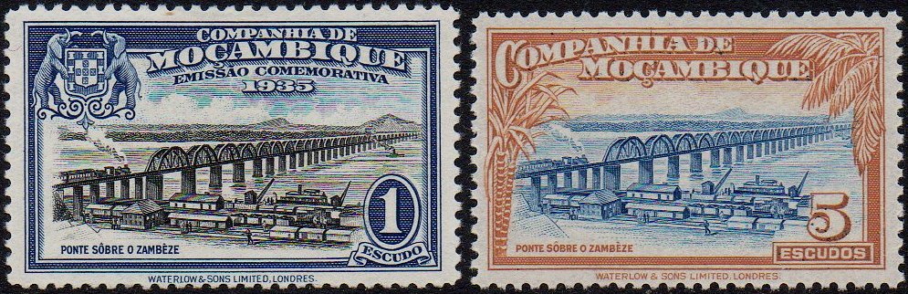 Stamps Mozambique Company Companhia de Mocambique 1935 1937 Ponte sobre o Zambeze Zambezi River Bridge & Steam Train