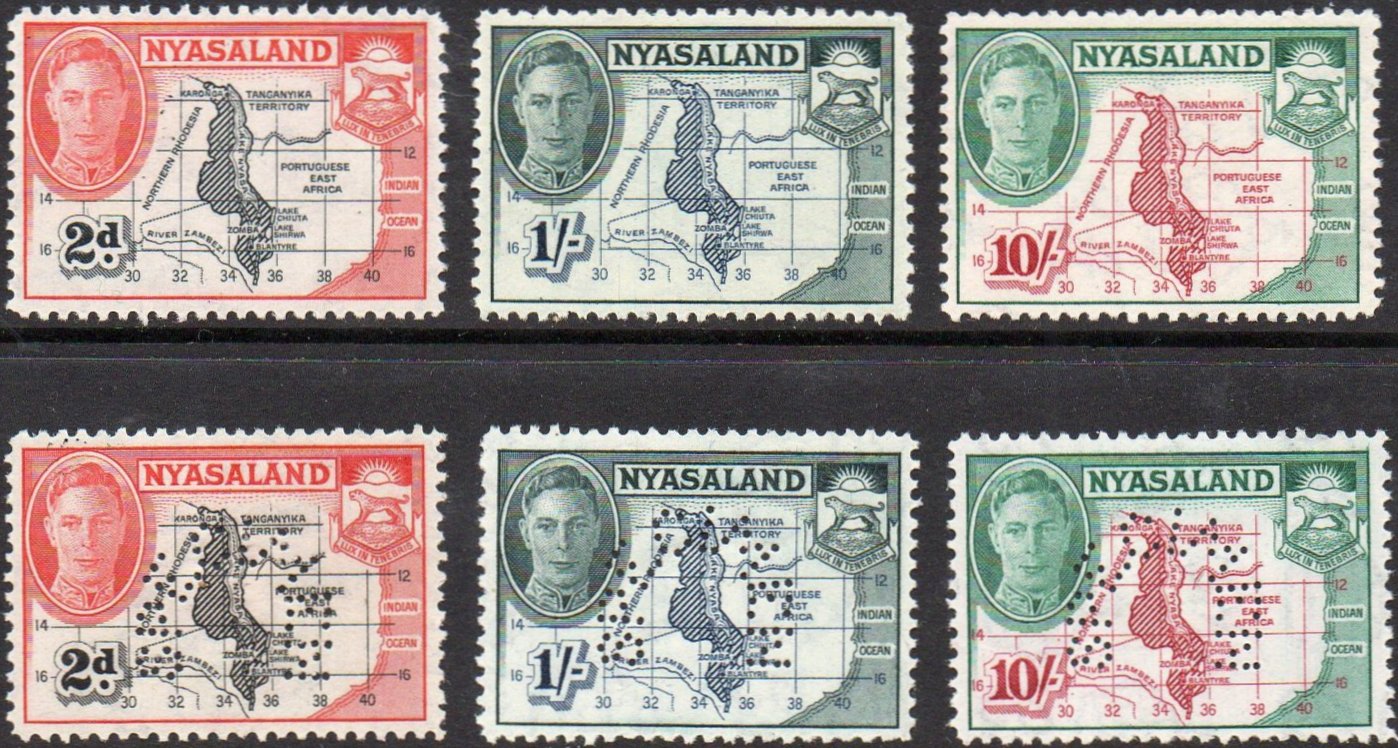 Stamps perforated SPECIMEN - Nyasaland George VI 1945 stamps Perforated Specimen 