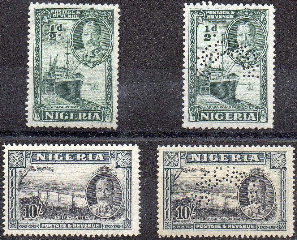 Stamps perforated SPECIMEN - Nigeria 1936 ½d and 10/- George V Apapa Wharf Jebba Railway Bridge