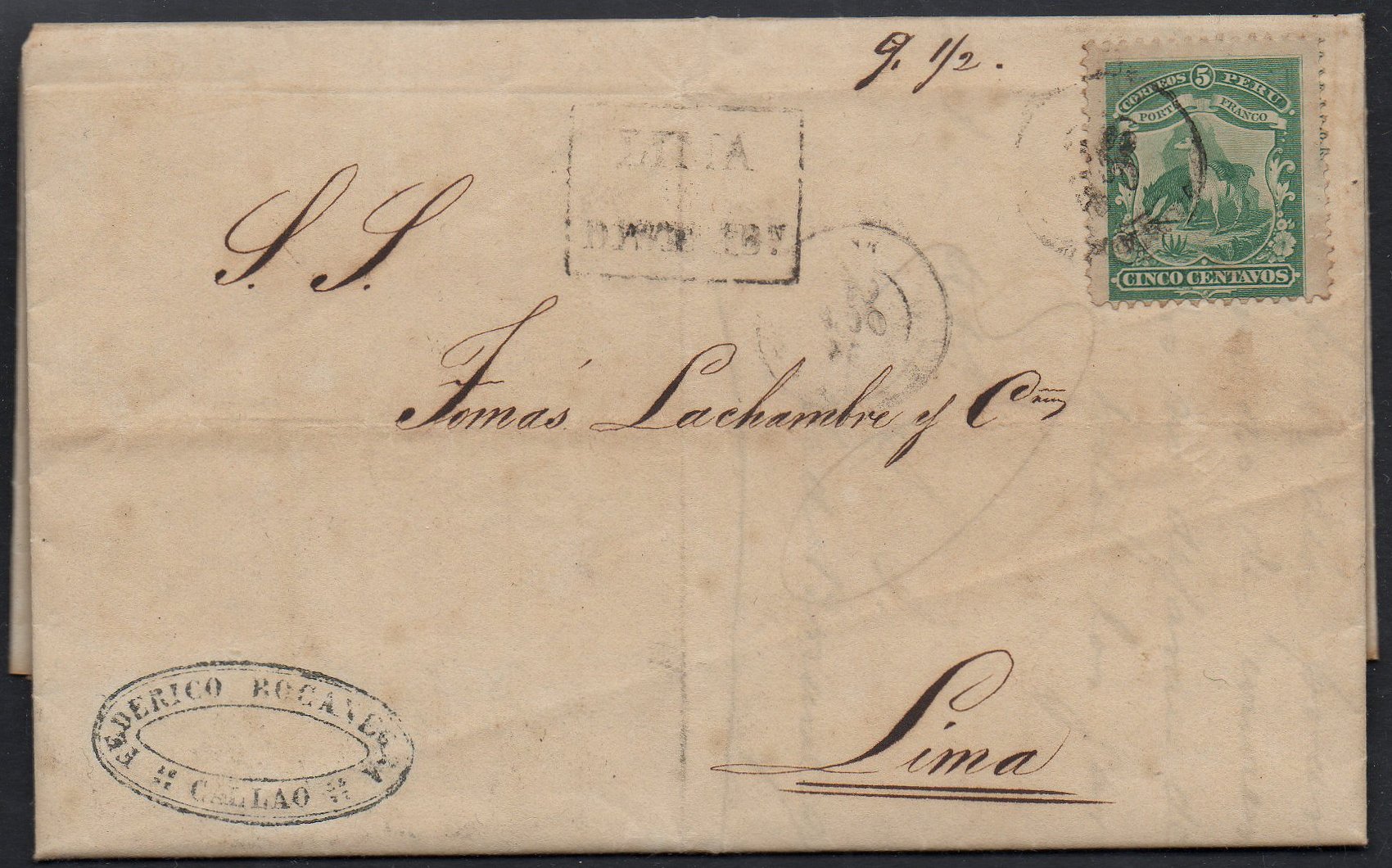 Peru Stamps Cover of Railway tariff reduction 50% 1866 5c Vicuna