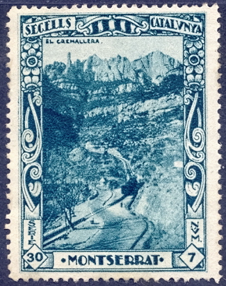 Espana Spain poster stamps vinetas railway ferrocarril tren Montserrat Monastery