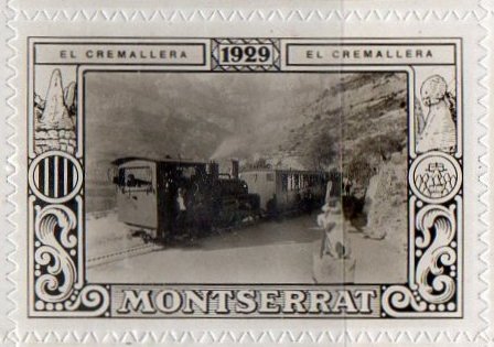 Espana Spain poster stamps vinetas railway ferrocarril tren Montserrat Monastery