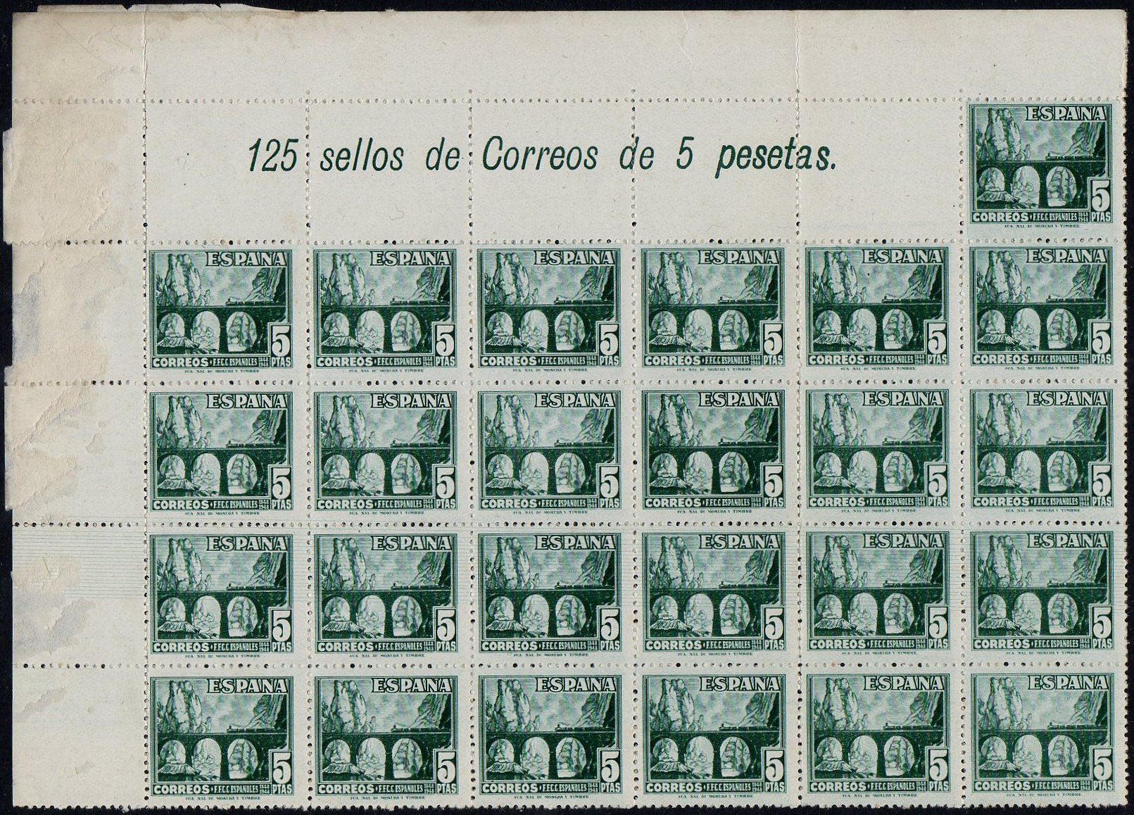 1948 Espana Ferrocarriles, Sellos Ferroviarios, '125 sellos de Correos de 5 pesetas'