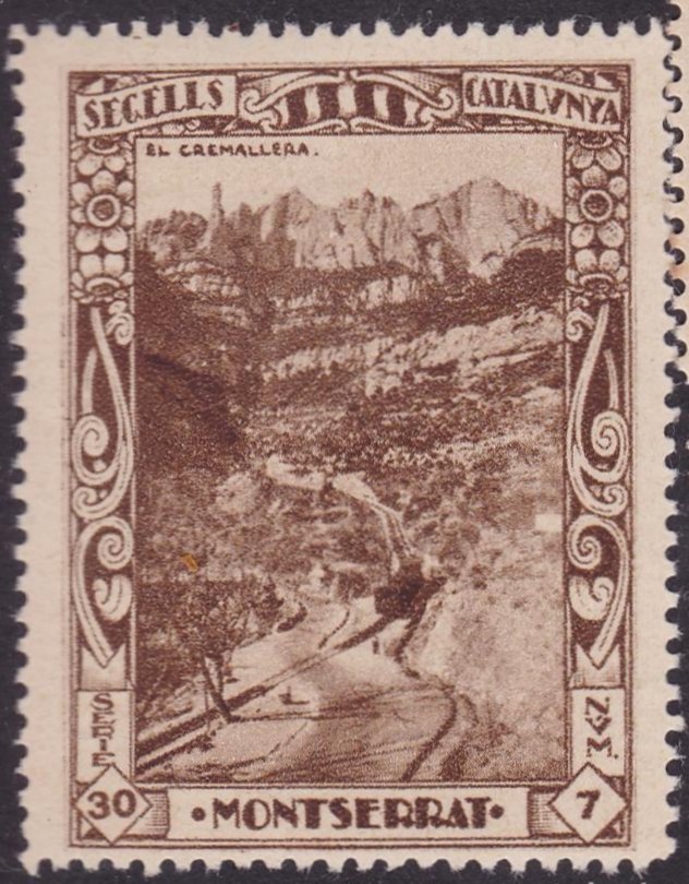 Espana Spain poster stamps vinetas railway ferrocarril tren Montserrat Monastery