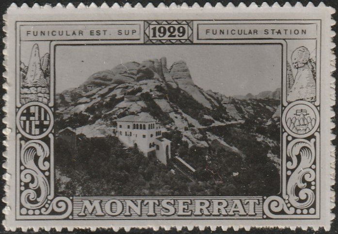 Espana Spain poster stamps vinetas railway ferrocarril tren Montserrat Monastery