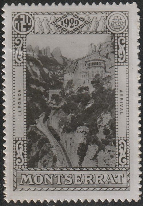 Espana Spain poster stamps vinetas railway ferrocarril tren Montserrat Monastery