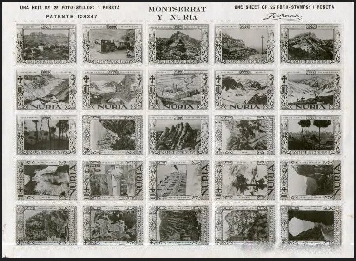 Espana Spain poster stamps vinetas railway ferrocarril tren Montserrat Monastery