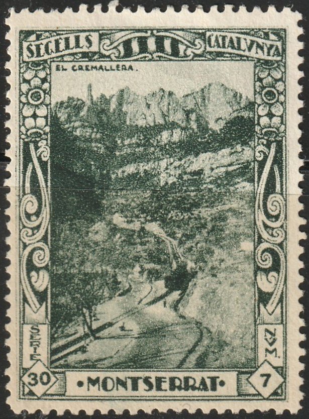 Espana Spain poster stamps vinetas railway ferrocarril tren Montserrat Monastery