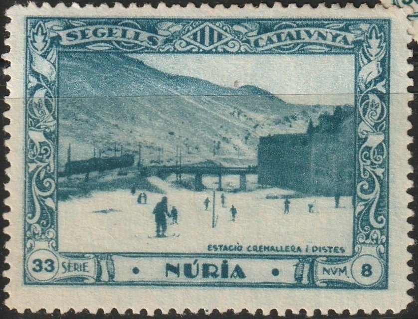 Espana Spain poster stamps vinetas railway ferrocarril tren Nuria Monastery