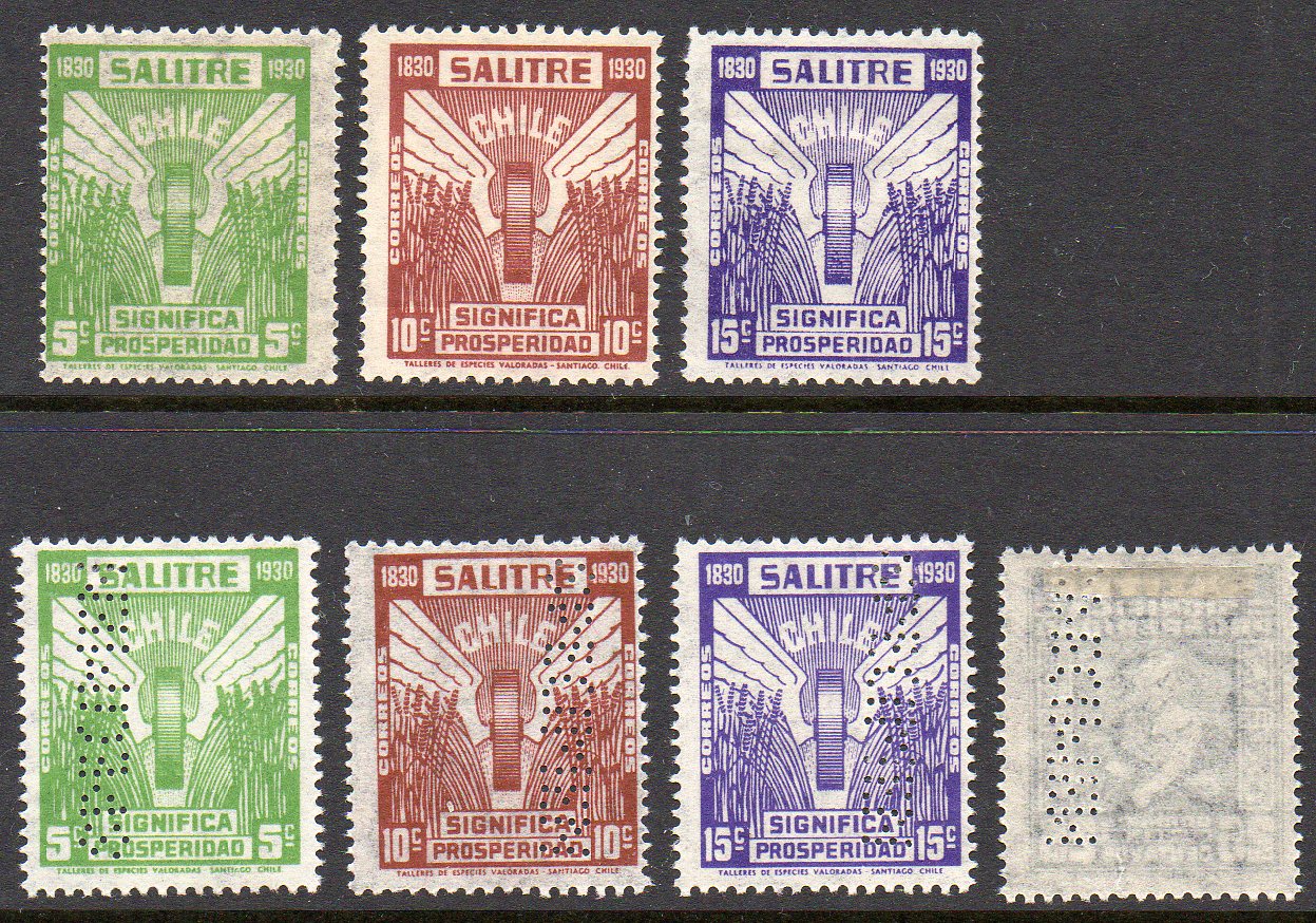 Chile 1930 Nitrate Stamps perforated SPECIMEN - Winged Wheel