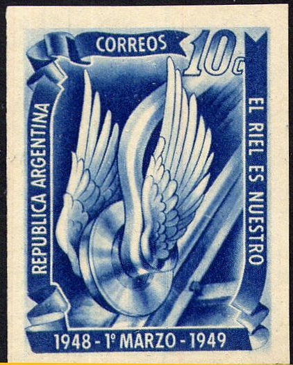 Argentina sellos 1949 Nationalization of Argentine Railways 10c Winged Wheel Imperforate Colour Trial in Blue