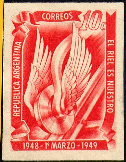 Argentina sellos 1949 Nationalization of Argentine Railways 10c Winged Wheel Imperforate Colour Trial in Red