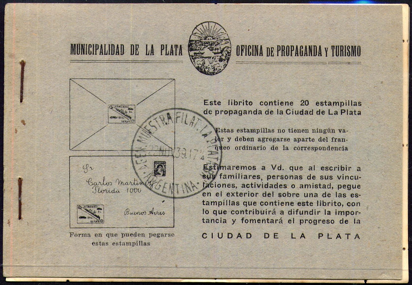 Argentina City of La Plata 1930s tourist publicity propaganda cinderella stamp booklet of 20 stamps