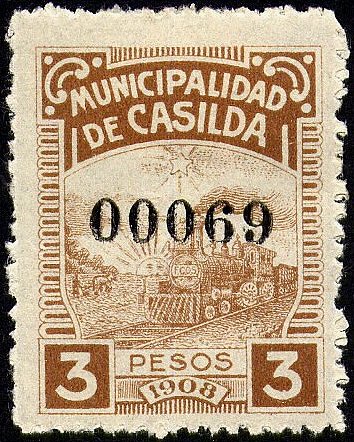 Argentina Casilda steam train Revenue Stamp (province of Santa Fe) 1908 3 Pesos, only 500 printed