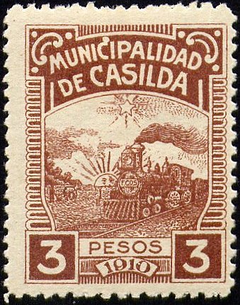 Argentina Casilda steam train Revenue Stamp (province of Santa Fe) 1910 3 Pesos