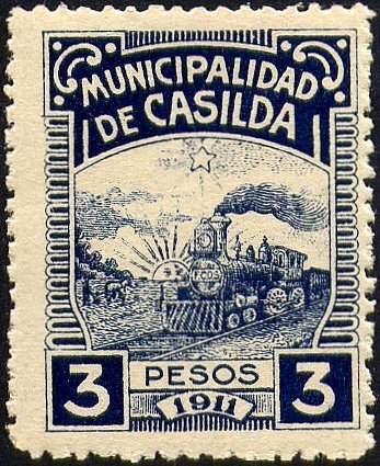 Argentina Casilda steam train Revenue Stamp (province of Santa Fe) 1911 3 Pesos