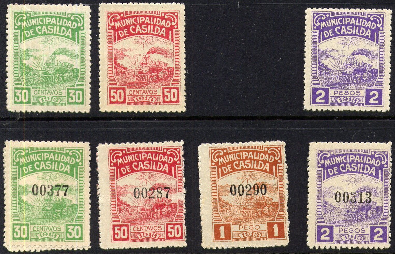 Argentina Casilda steam train Revenue Stamp (province of Santa Fe) 1913 with and without control number