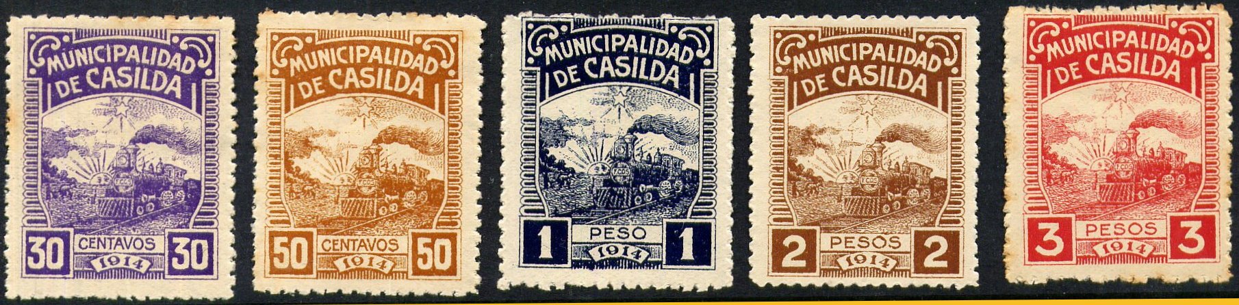 Argentina Casilda steam train Revenue Stamp (province of Santa Fe) 1914