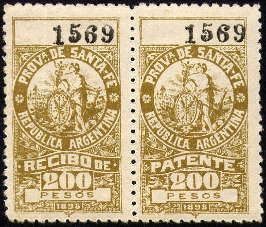 Argentina Santa-Fé Patent Tax steam train Revenue Stamps 1898 200 Pesos mint pair