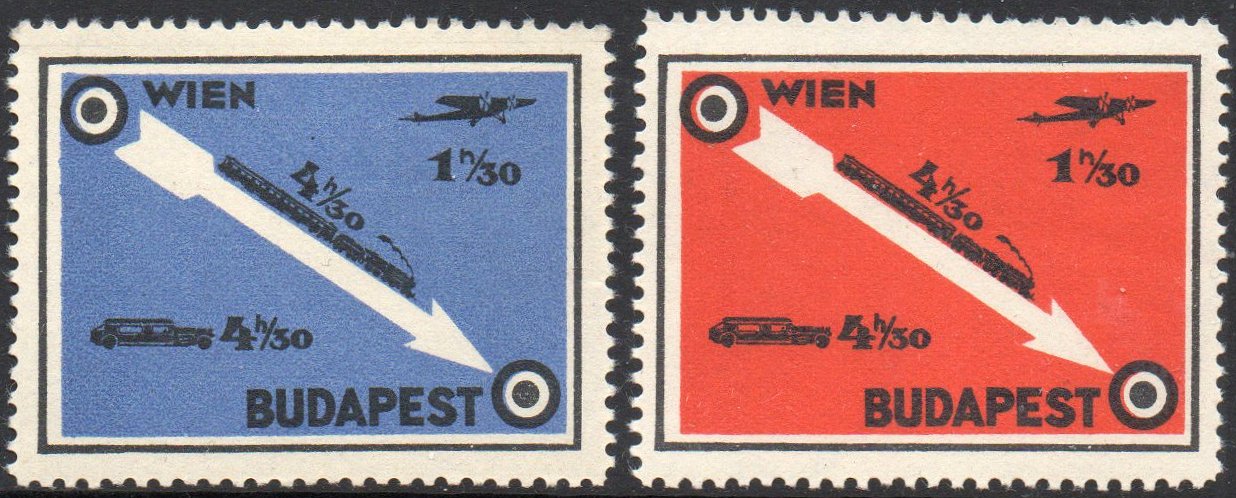 Vienna-Budapest tourist publicity propaganda cinderella stamps. Similar stamps produced in Ciudad La Plata in Argentina.