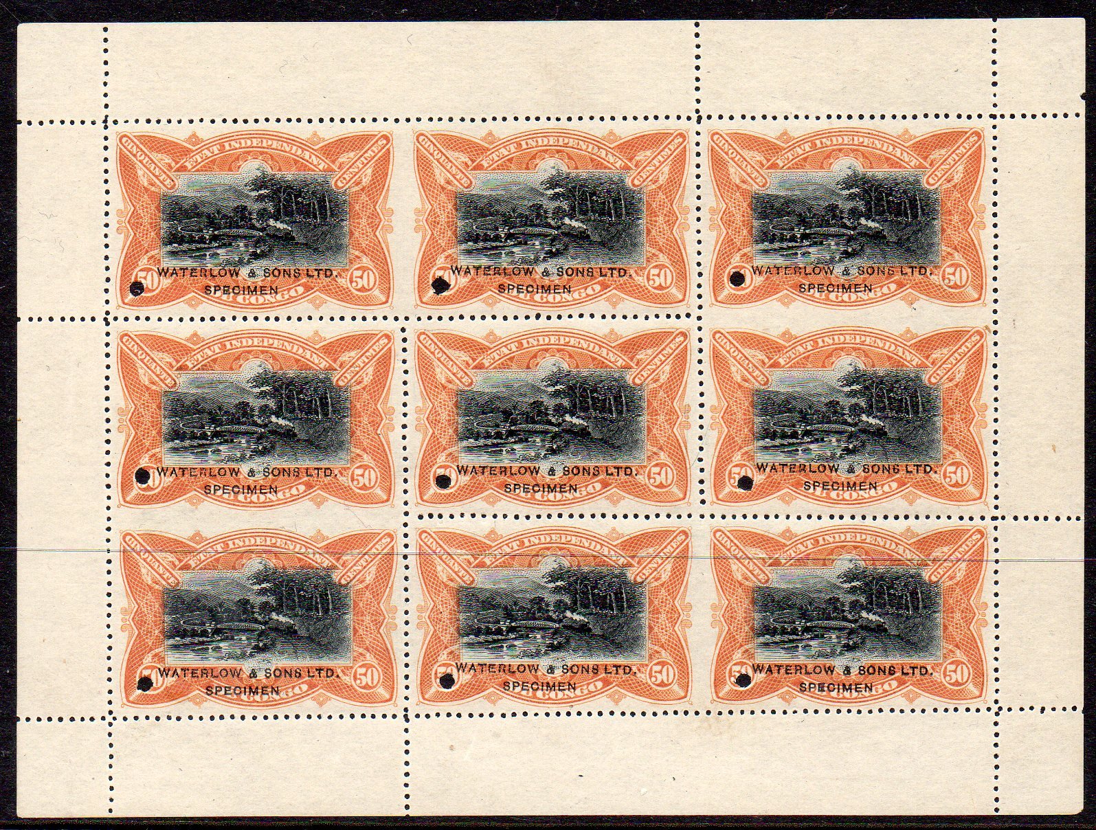 Belgian Congo specimen 50c sheetlet/9 var