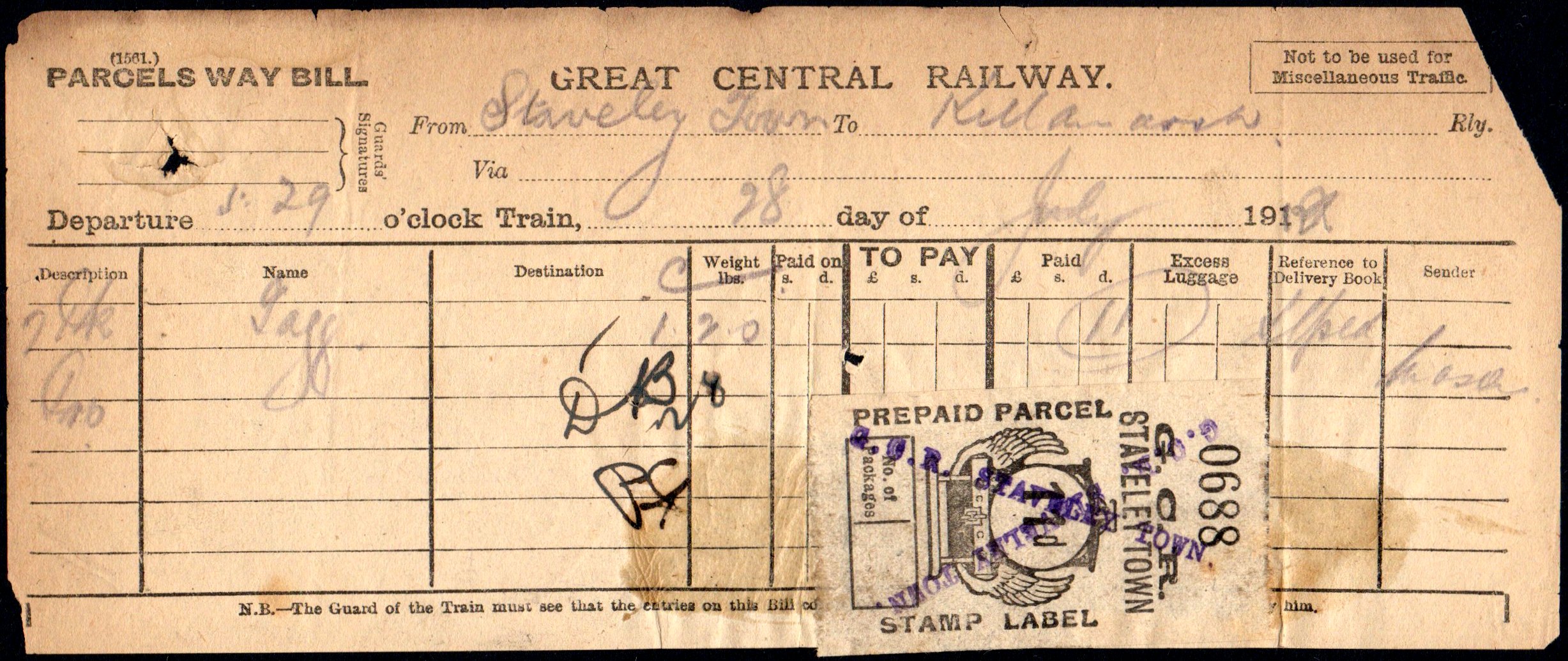 Great Central Railway Parcel Post Locomotive £5 Staveley Town Station cancel c.1929 to Killamarsh Central Station GCR