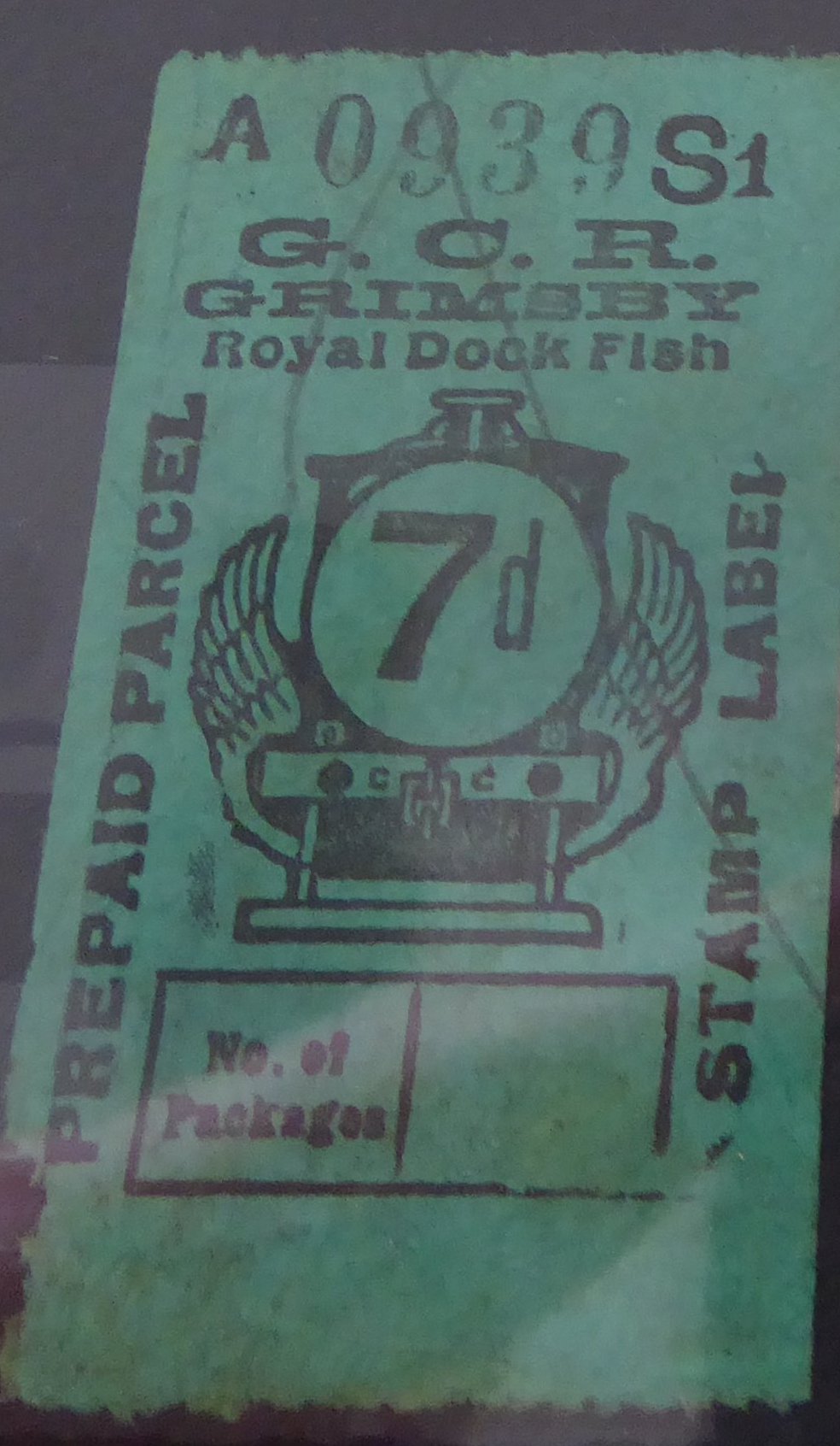 Great Central Railway Parcel Post Locomotive 7d on Green paper