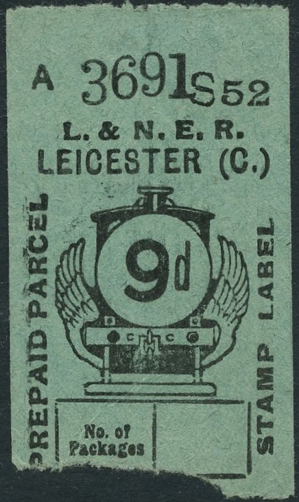 LNER use of Great Central Railway Parcel Post Locomotive stamp design 9d on Green paper