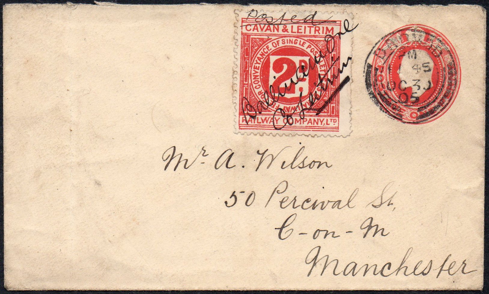 Cavan & Leitrim Railway Letter Stamp cover from Ballinamore 1905