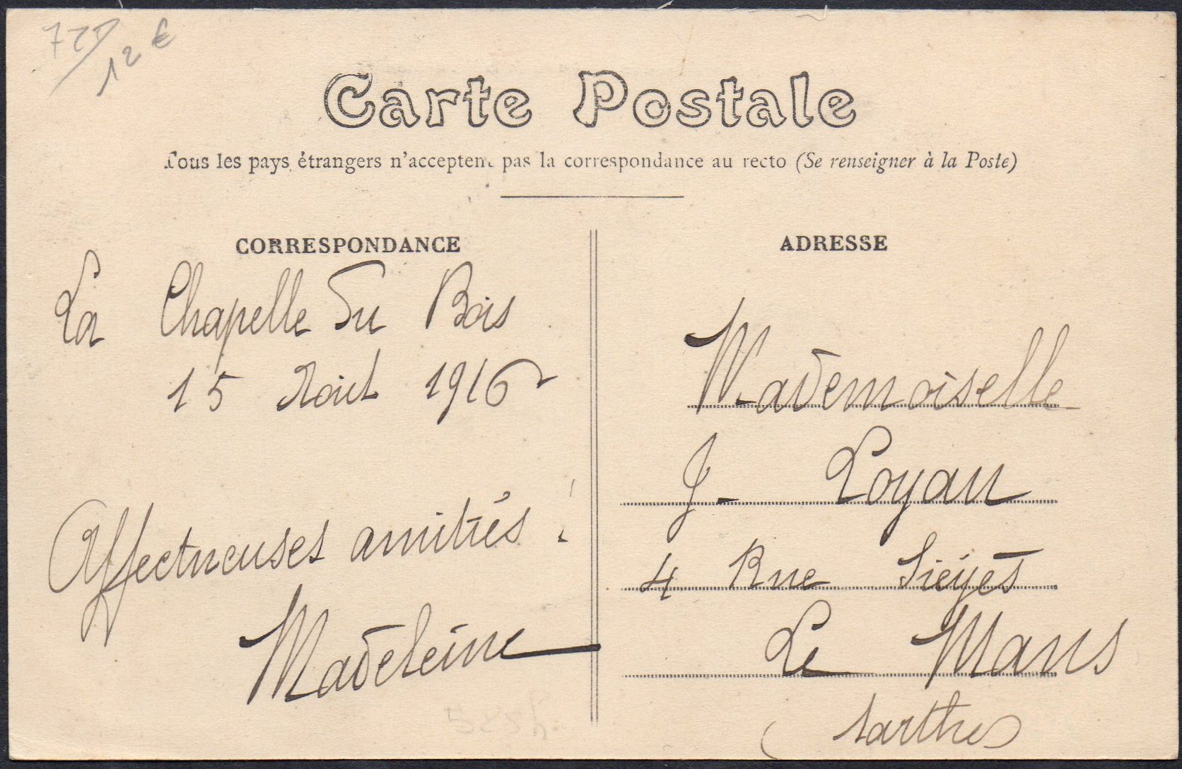 La Chapelle-du-Bois, Sarthe, Courrier-Convoyeur Ligne du tramway Mamers au Mans - branch-line service