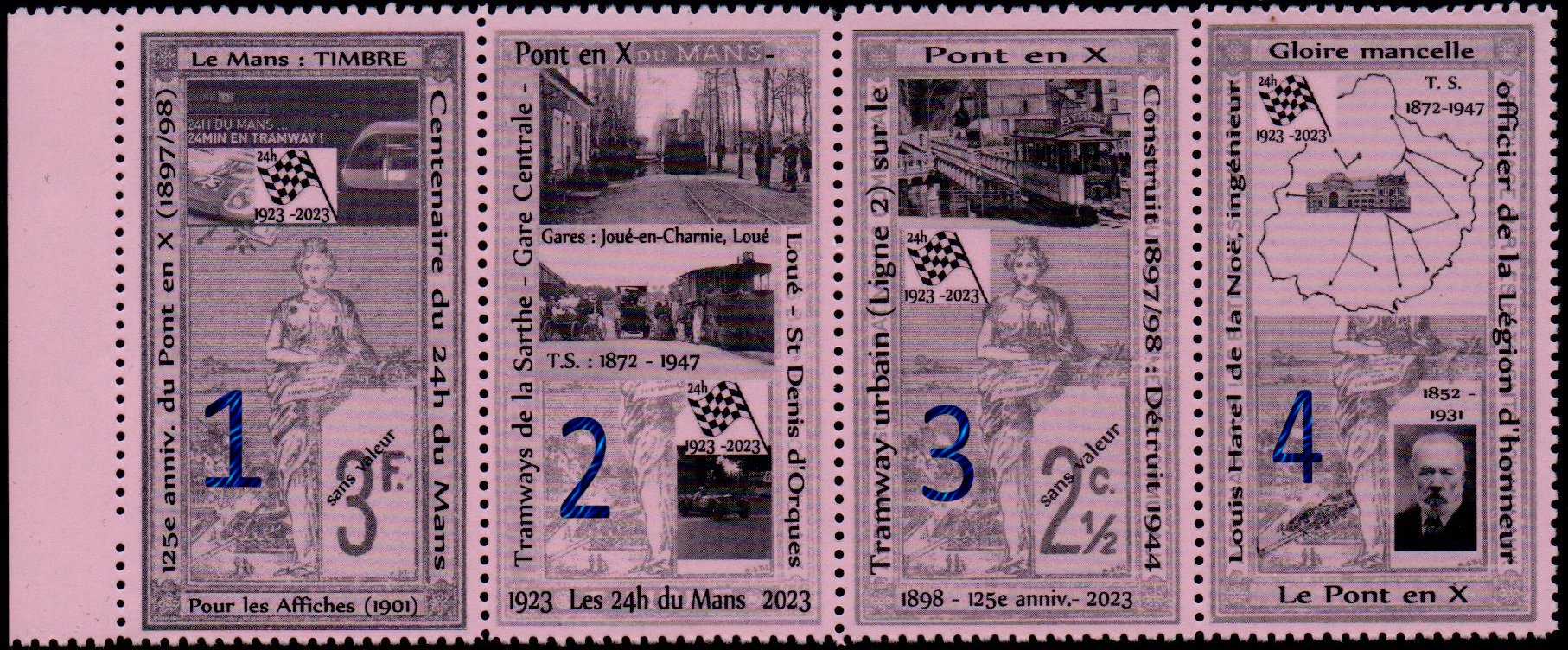 Le Mans : Le Pont-en-X : Poster Stamps Cinderellas Motor Racing Le Mans 24-hour Centenary ; le Pont en X ; les Tramways de la Sarthe