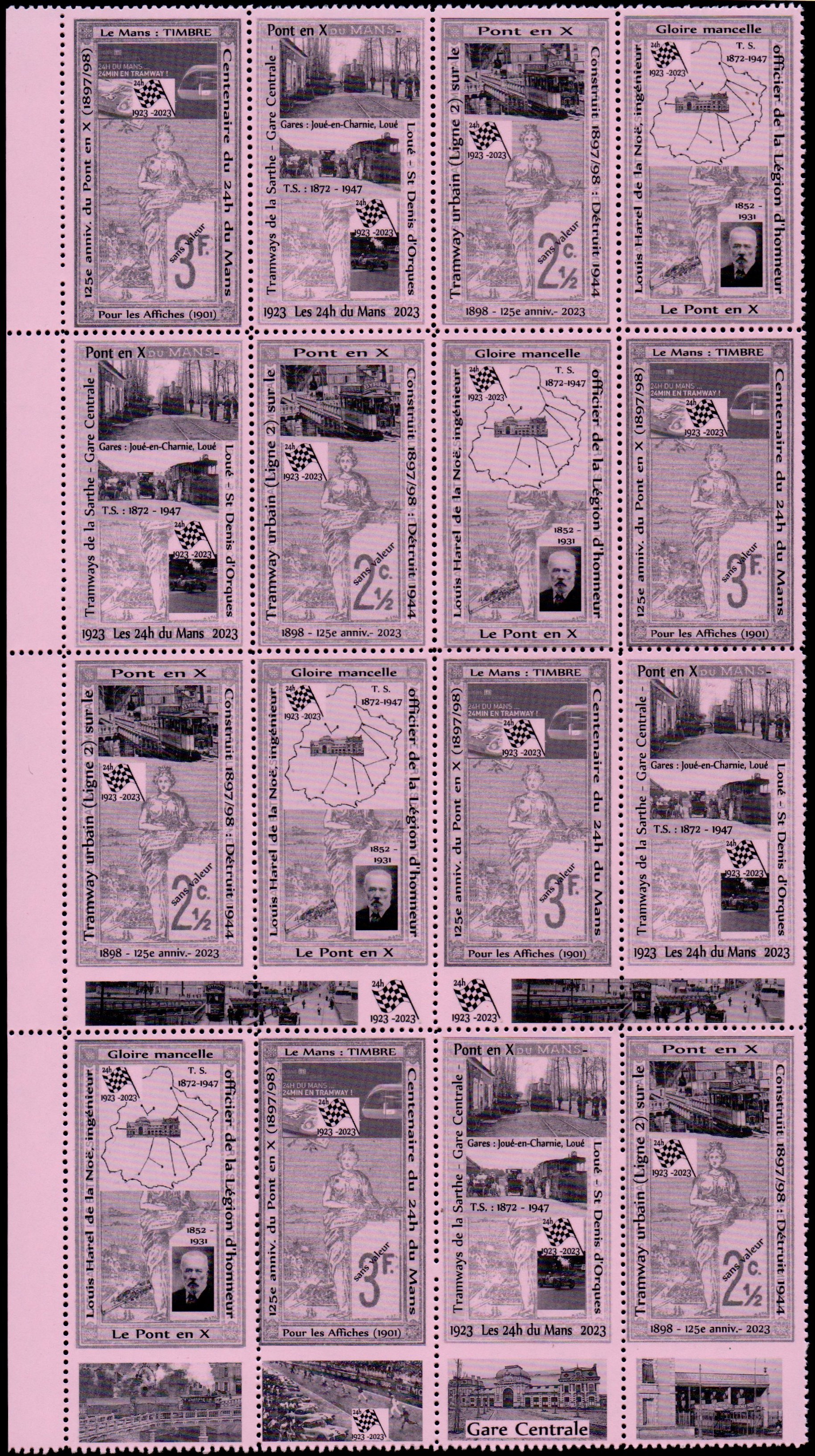 Le Mans : Le Pont-en-X : Poster Stamps Cinderellas Motor Racing Le Mans 24-hour Centenary ; le Pont en X ; les Tramways de la Sarthe
