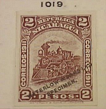 Nicaragua Waterlow 1912 Locomotive stamp 2 Pesos Brown design Imperforate Printers' Sample Color Trials Specimen Stamps from Salesmen's books