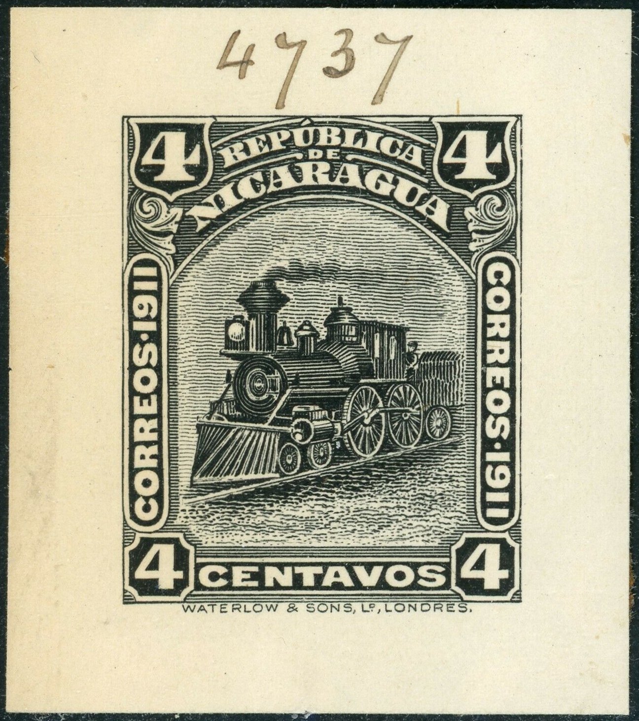 Nicaragua Waterlow 1912 Locomotive stamp Die Proof (in Black) of the 4c value